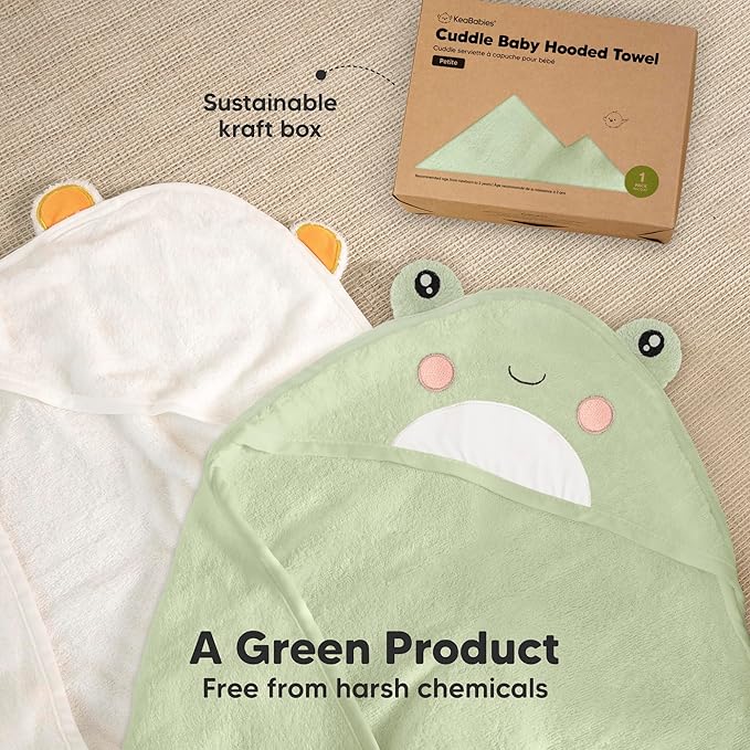 KeaBabies Hooded Baby Towel for Newborn - Viscose Derived from Bamboo Large Baby Bath Towels with Hood for Boys, Girls, Toddler, Extra Absorbent & Soft Newborn Bath Essentials (Frog, Petite)