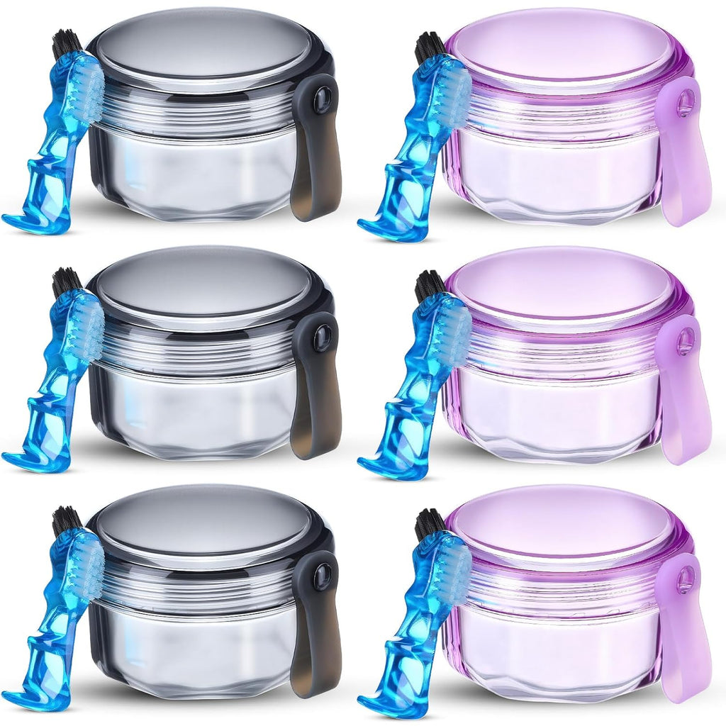 Sieral 6 Pcs Denture Case, Leak Proof Denture Bath Cup for Travel, False Teeth Container Cups for Soaking Full & Partial Dentures, Retainers, False Teeth Cleaning Kit Holder Box with Cleaner Brush
