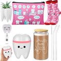 Pickmesh 6 Pcs Dental Gifts Nurse Assistant Hygienist Gifts 16 oz Glass Cups with Lid Makeup Bag Smiling Tooth Shape Felt Badge Holder Ceramic Pen Toothbrush Pot for Women Coworkers (Pink)