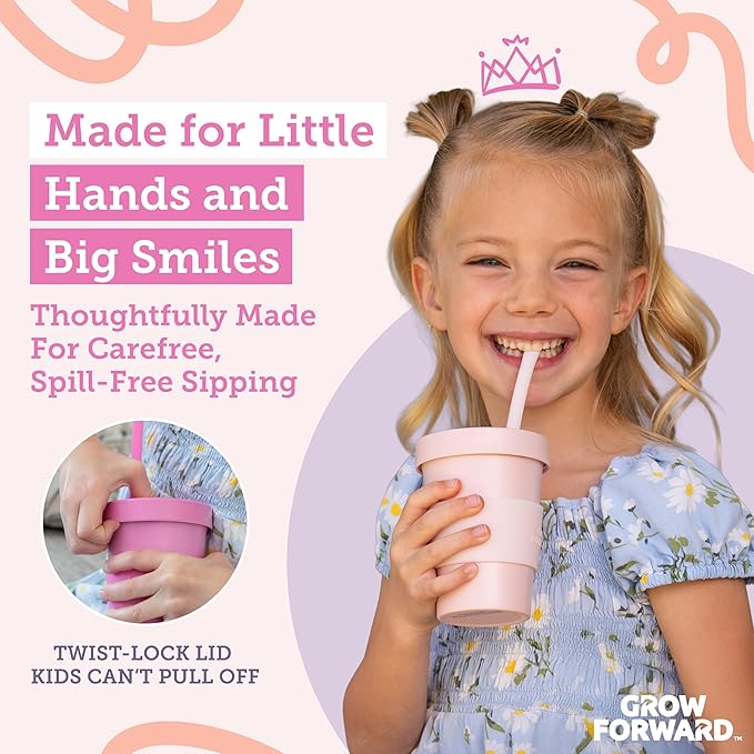 Grow Forward Bamboo Kids Cups with Lids and Straws - 10oz Drinking Cups for Kids with Childproof Twist Lids & Silicone Straws - Eco Friendly, BPA Free, Non Toxic & Dishwasher Safe - Floral