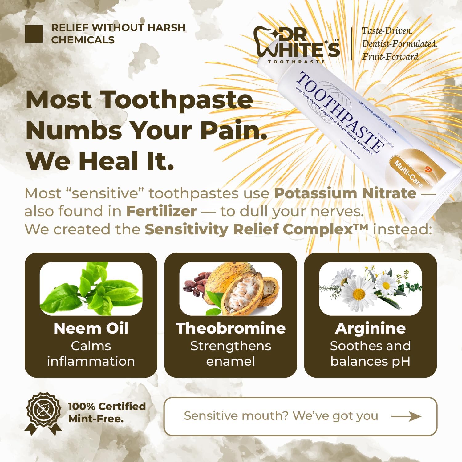 Dr. White’s Fluoride-Free nHA Toothpaste; Dentist-Formulated, Nano Hydroxyapatite + Xylitol, Sensitivity Relief Complex™, Mint-Free, Enamel Safe, Swallow-Safe (3.5 Oz, Coconut Chill)