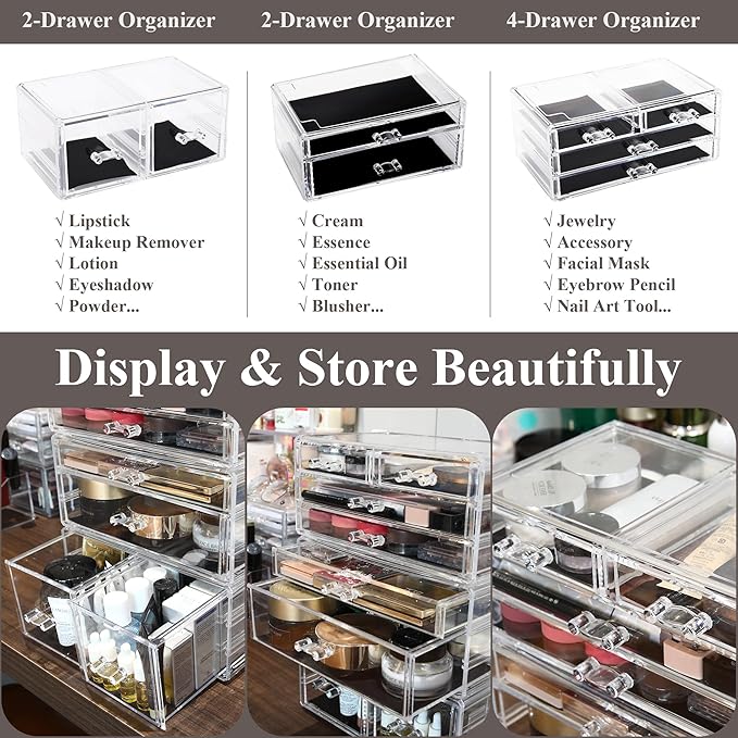 Sea Team 3-Layer Stackable Clear Makeup Organizer with Drawers, Acrylic Plastic Cosmetic Display Case, Jewelry Storage Box, Holder for Dresser, Bathroom, Vanity, Countertop (8 Drawers)