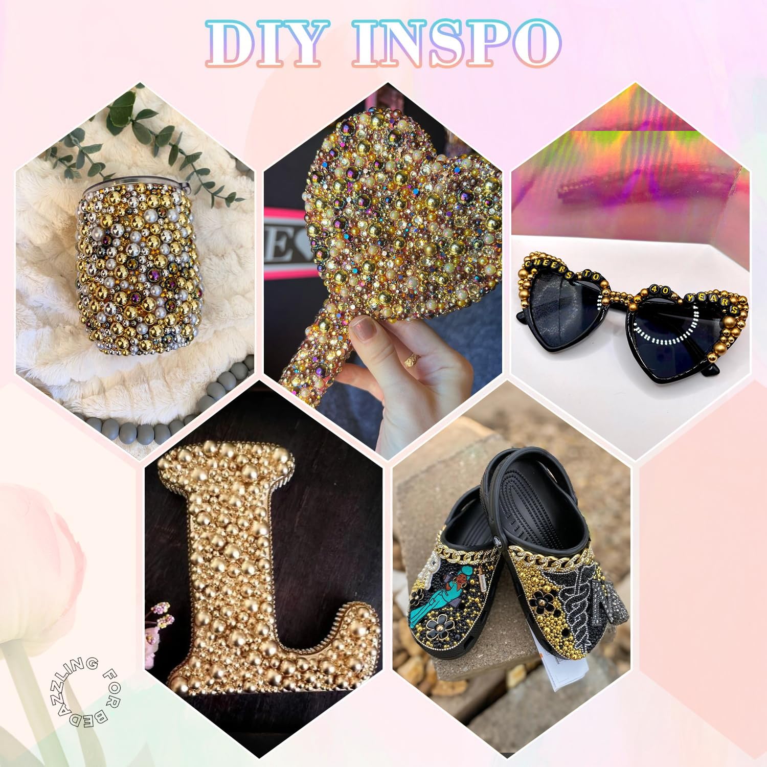 13500Pcs Flatback Pearls for Bedazzling (Gold) with 3Pcs B7000 Jewelry Glue, Assorted Size 2/3/4/5/6/8/10mm Half Pearl, Bedazzling Gems for Crafting Clothing Tumbler Shoes Embellishment Nail Art