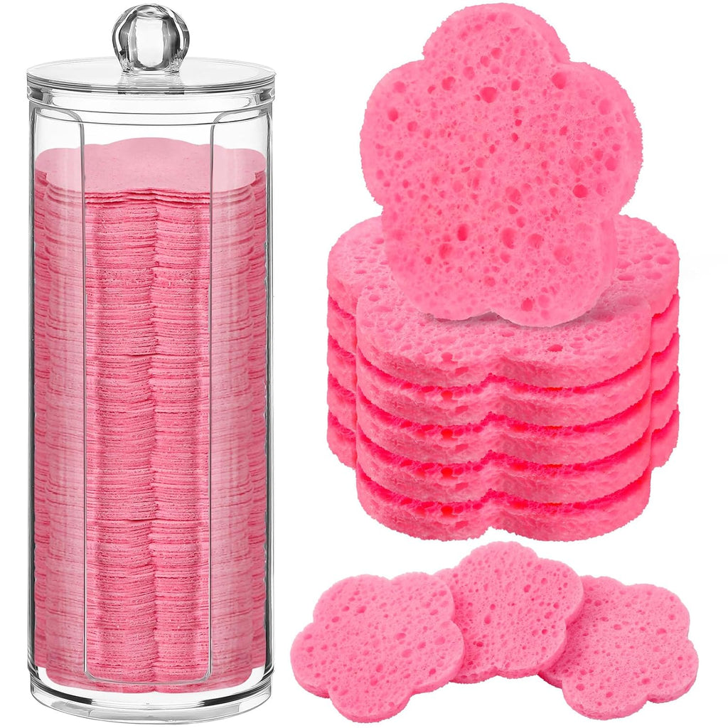Sieral 120 Pcs Compressed Facial Sponges with Container Disposable Face Sponge Pads for Washing Face Cleansing Exfoliating Esthetician Makeup Removal(Flower,Pink)
