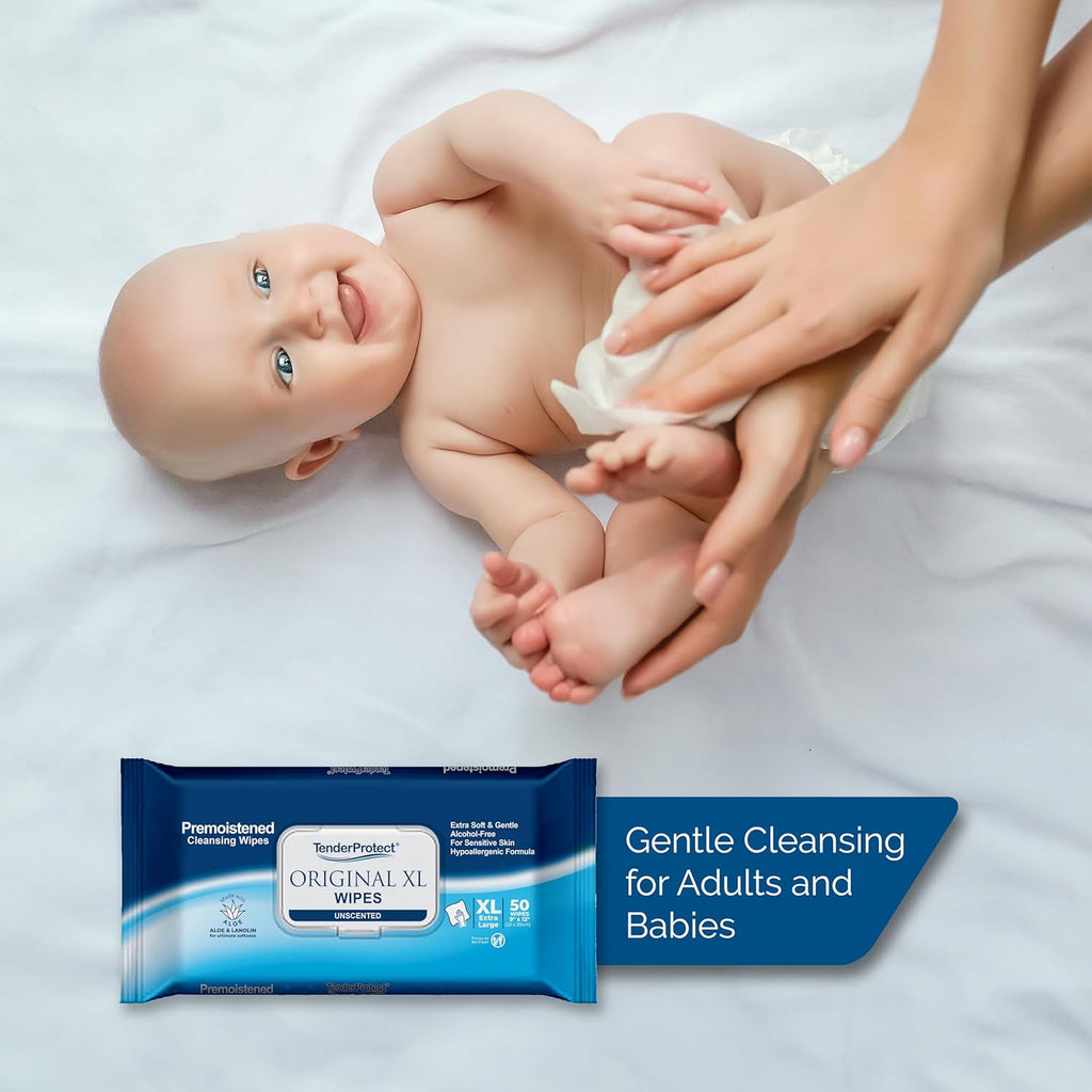 TenderProtect® Original XL Premium Adult Wipes (50/Pk), Extra-Large 9"x12" Wet Wipes with Aloe, Wash Cloths for Babies & Elderly, Incontinence, Hands & Body Cleaning