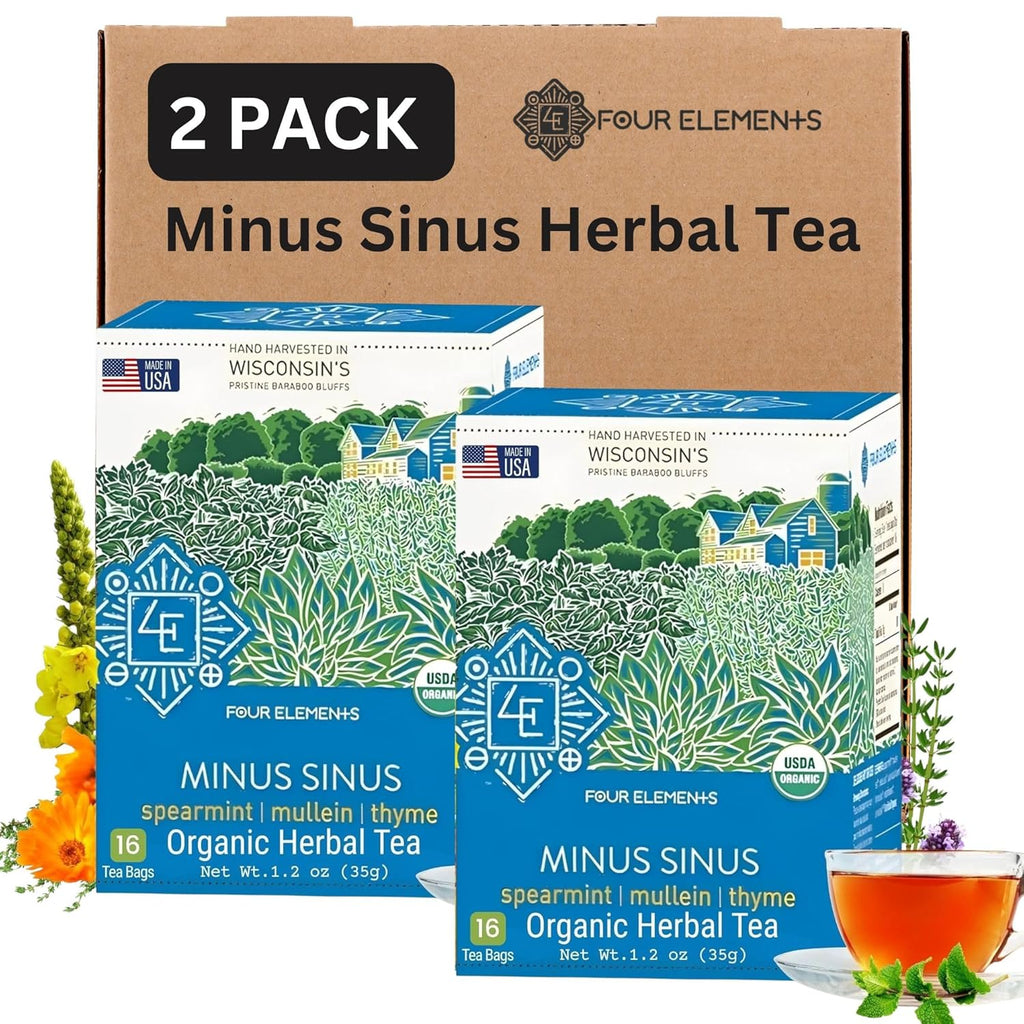 Four Elements Minus Sinus Tea 2 x [16 Teabags, 1.2 oz] | Organic Spearmint Tea with Mullein & Thyme | Caffeine Free Herbal Blend with Refreshing Aroma & Comforting Flavor | Enjoy Hot or Iced Latte