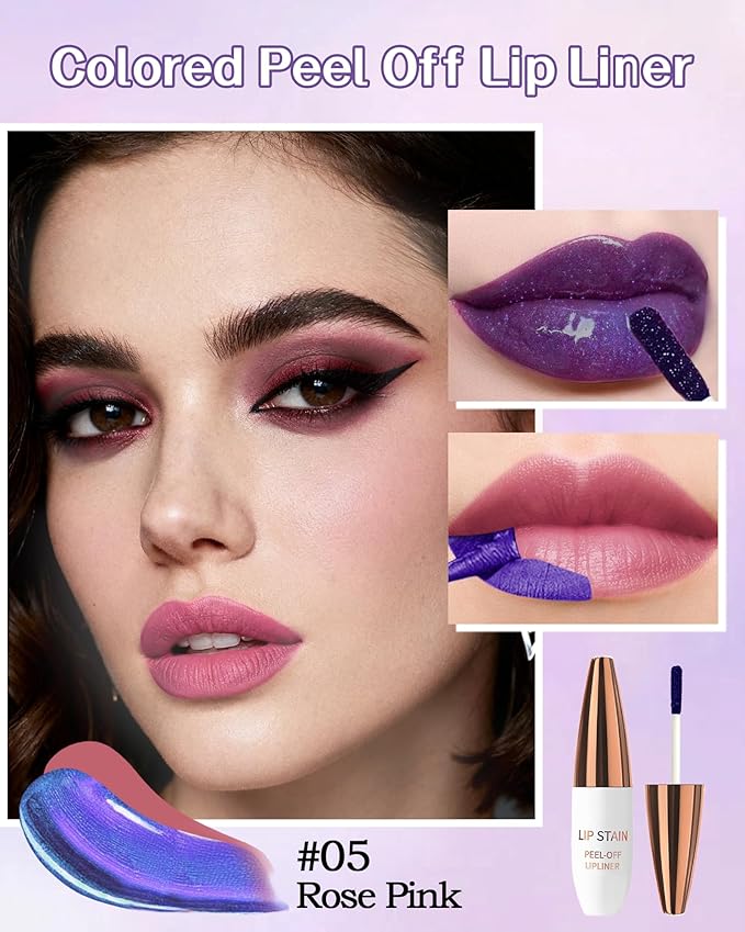 Lip Stain Peel Off, Waterproof Long Lasting Qiciy Tattoo Lip Gloss Color Peel Off Lips Tint Stain, Transfer-Proof Matte Tinted Lips Liner, High Pigmented Tattoo Lipstick Makeup for Women-05 Rose Pink