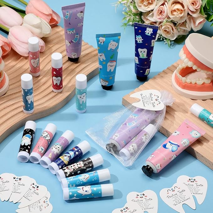 Loopeer 24 Sets Dental Hygiene Gifts Christmas Dental Hygienist Appreciation Gifts Moisturizing Lip Balm Hand Cream Dentist Thank You Gift with Cards Organza Bags for Nurse Week Graduation Birthday