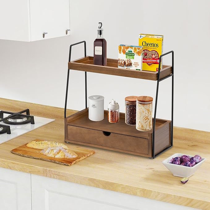 2-Tier Bathroom Organizer Countertop with Drawer, Wood Counter Organizer for Bathroom Decor, Sink Shelf for Vanity Storage, Makeup Tray for Perfume Skincare Bedroom Kitchen Corner