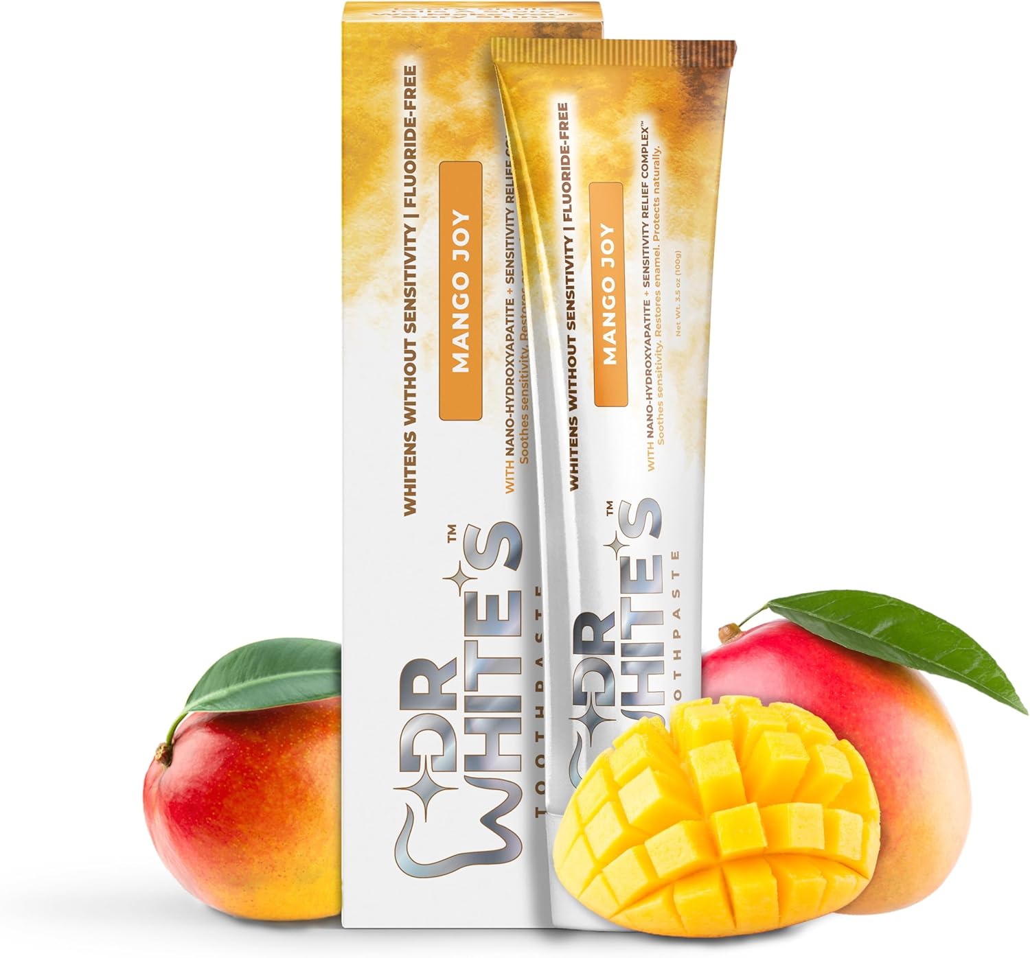 Dr. White’s Fluoride-Free nHA Toothpaste; Dentist-Formulated, Nano Hydroxyapatite + Xylitol, Sensitivity Relief Complex™, Mint-Free, Enamel Safe, Swallow-Safe (3.5 Oz, Mango Joy)