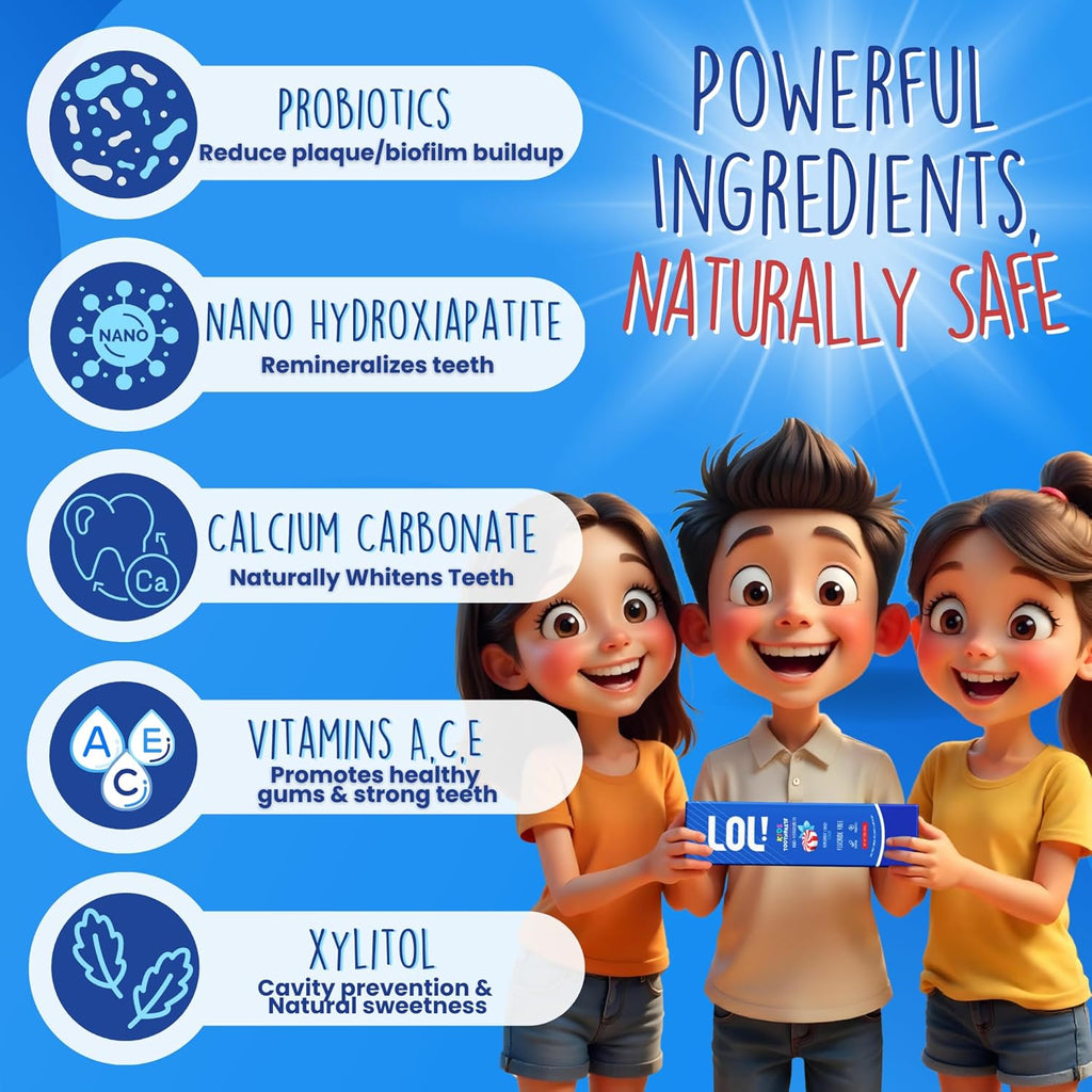 LOL Kids Toothpaste 3-Flavor Pack | Nano Hydroxyapatite Toothpaste, Probiotics, Vitamins A, C, E | Safe if Swallowed, No SLS | 1 Peppermint, 1 Strawberry & 1 Cinnamon