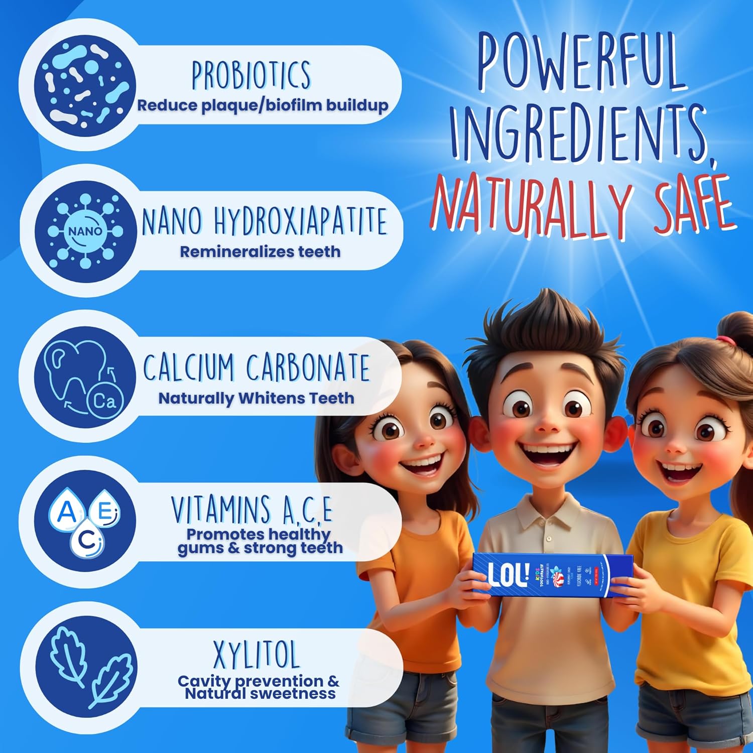 LOL Kids Toothpaste 3-Flavor Pack | Nano Hydroxyapatite Toothpaste, Probiotics, Vitamins A, C, E | Safe if Swallowed, No SLS | 1 Peppermint, 1 Strawberry & 1 Cinnamon