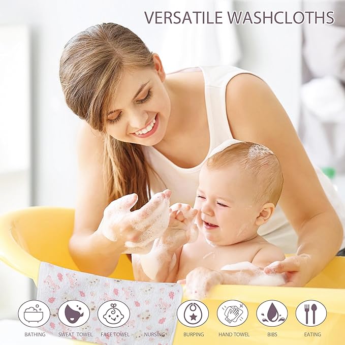 4 Pack Baby Washcloths 100% Cotton Soft and Absorbent Terry Wash Cloths for Sensitive Skin Face Hand Body Burp Rag Wipes Essentials for Newborns Infants Toddlers Girls Boys