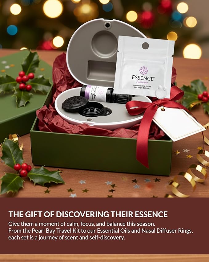 Essence Pearl Travel Case - Wearable Aromatherapy Kit with Nasal Diffuser Rings, Soaking Bay, and 5mL Essential Oil – Portable Wellness Gift Set for On?The?Go Self Care