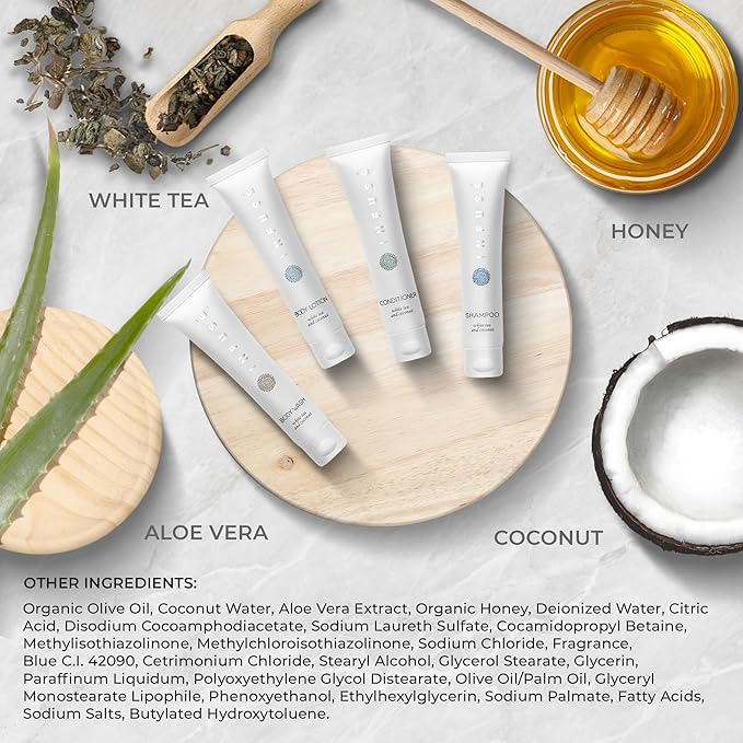 Infuse White Tea & Coconut Hotel Toiletries Bulk Set | 1-Shoppe Amenities Kit | 1oz Shampoo & Conditioner, Body Wash, Lotion | Travel Size | 80 Pieces