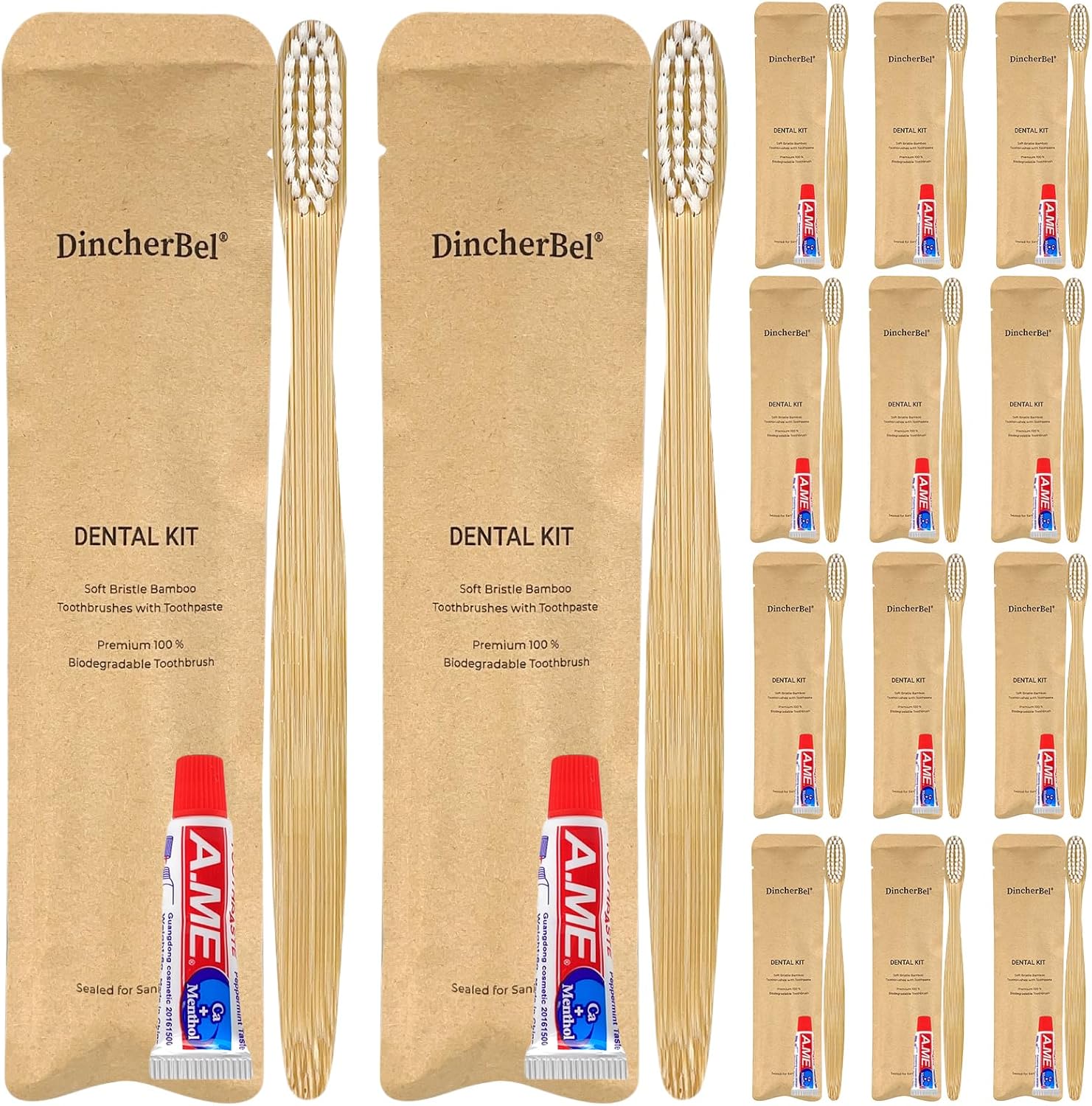 Bamboo Toothbrushes Kit Bulk, Disposable Toothbrushes with Toothpaste(6g), Individually Wrapped Toiletries Amenities for Hotel, Airbnb, Homeless, Shelter, Camping and Travel (100 Pack)