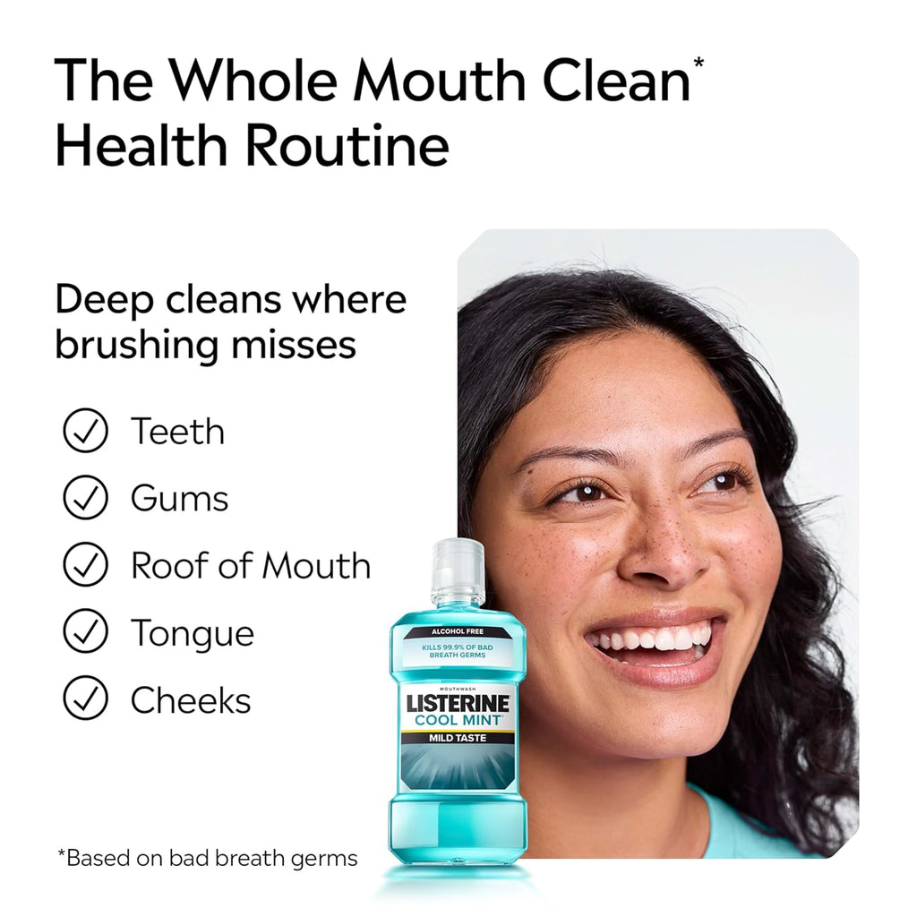 Listerine Alcohol-Free Mouthwash, Non Alcoholic Mint Oral Rinse Kills 99.9% of Germs That Cause Bad Breath for a Fresh Breath & Clean Mouth, Less Intense Taste, Cool Mint Flavor, 1 L