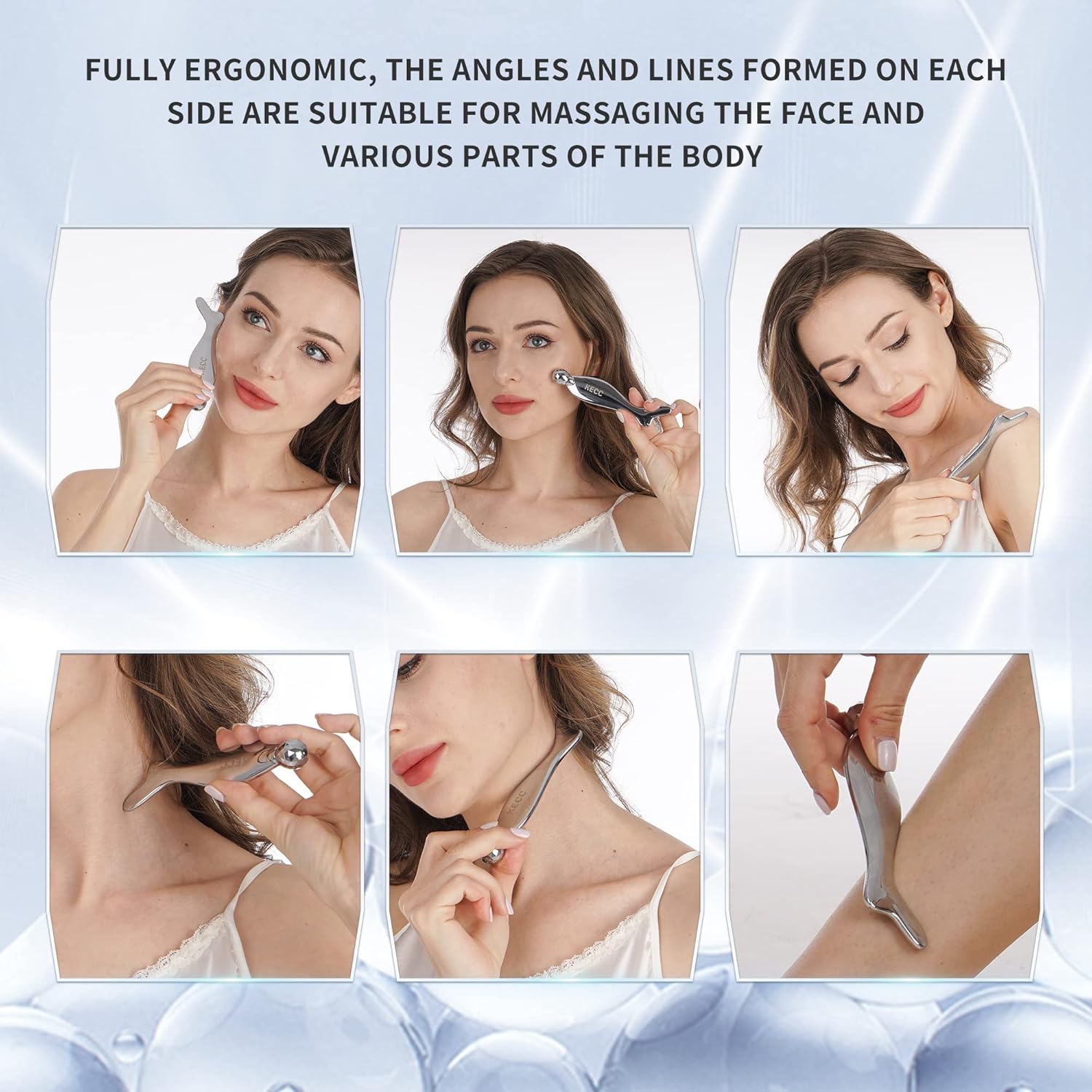 KECC Gua Sha Facial Massager (Fishtail),Stainless Steel Cold Roller Sticks for Face Eyes,Crescent Line Chin Lift Tightening Skin Tool, 4 Edges Drainage Sculpting Beauty Tool