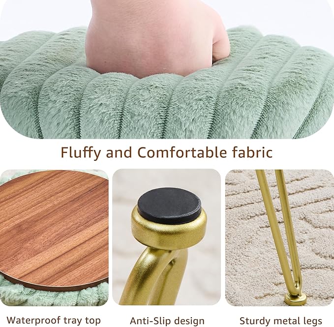 Wimarsbon Vanity Stool with Storage, Faux Fur Ottoman Chair with Metal Legs, Round Makeup Vanity Chair for Bedroom or Dressing Table, Modern Small Ottoman Seat (Green)