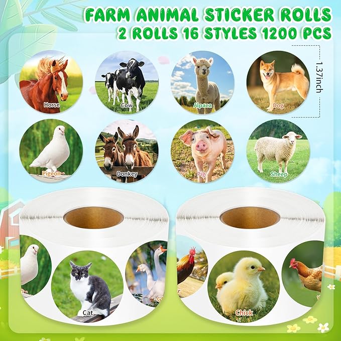 1200 Pcs Farm Animal Stickers for Kids 2 Roll Nature Stickers Cute Roll Sticker for Teacher Reward School Supplies Incentives (16 Styles)
