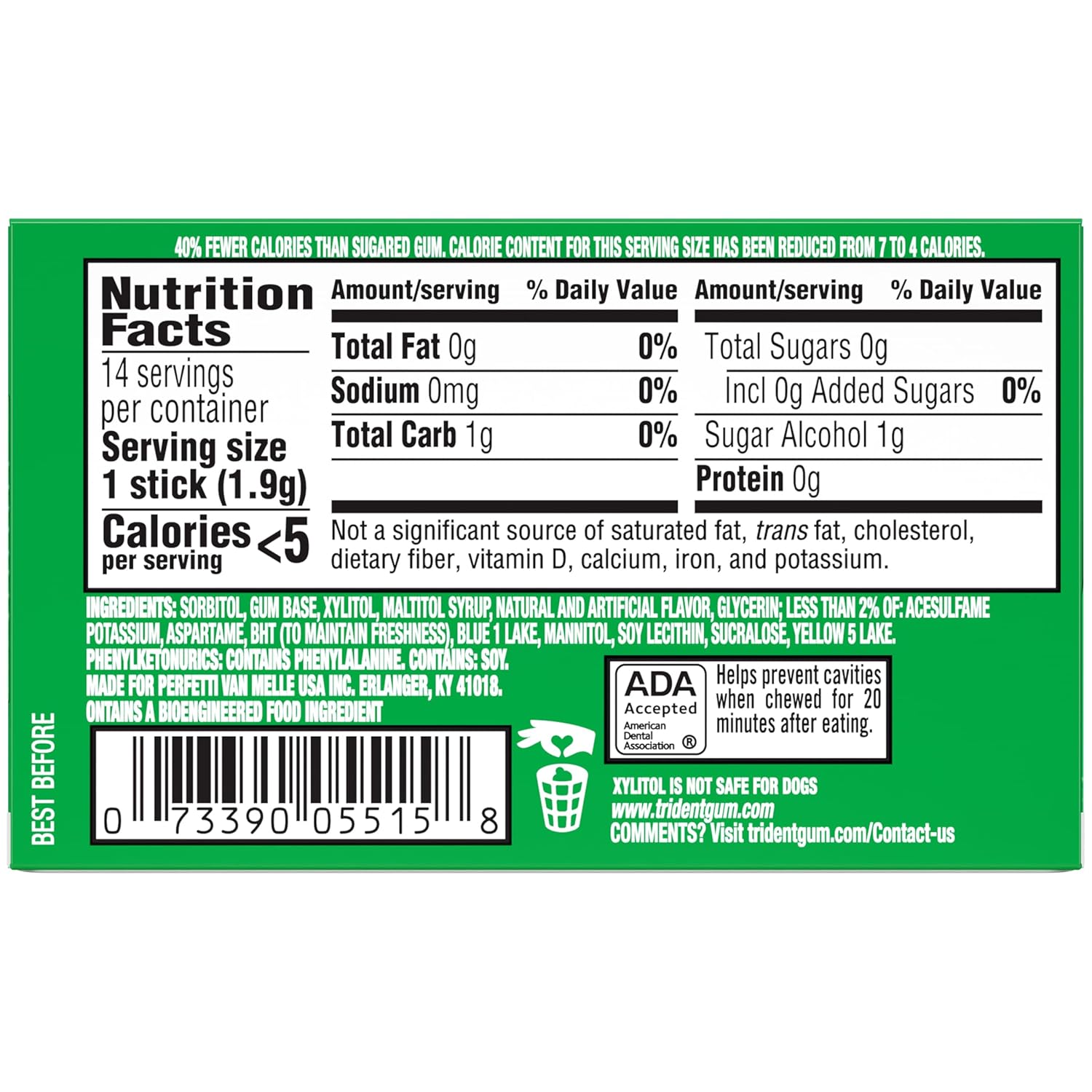 Trident Spearmint Sugar-Free Chewing Gum, 12 Packs of 14 Pieces (168 Total Pieces)