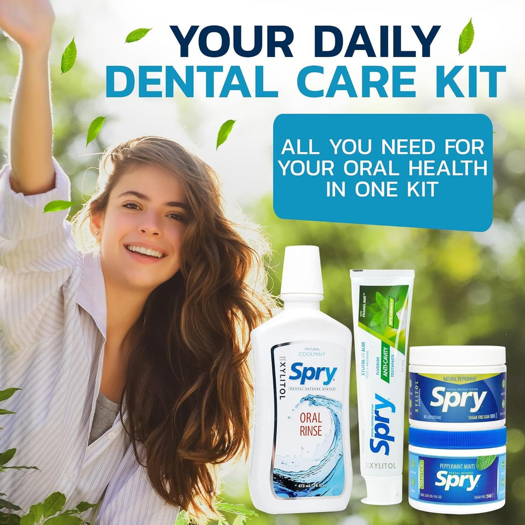 Spry Total Dental Health Kit - All Day Oral Care and Gum Health Including Sugar Free Gum, Candy Mints, Oral Rinse and Spearmint Toothpaste With Xylitol