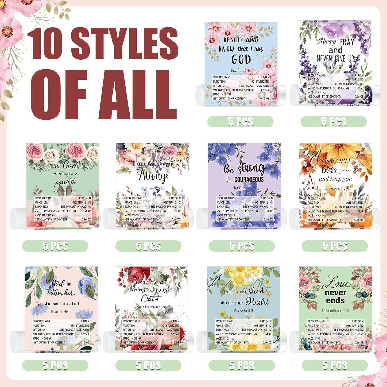 50 Pack Christian Religious Gifts Bulk Lip Balms for Women Men Church Party Favors Bulk Bible Verse Lip Balm with Scripture Inspirational Gifts for Coworkers Staff Employee (Christian Floral)