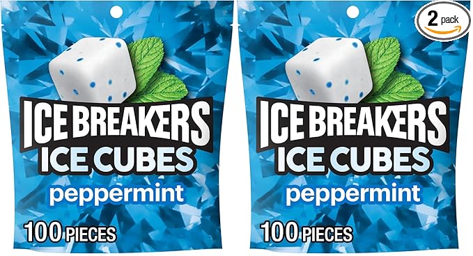ICE BREAKERS Ice Cubes Peppermint Sugar Free Chewing Gum Pouch, 8.11 Oz (100 Pieces) (Pack of 2)