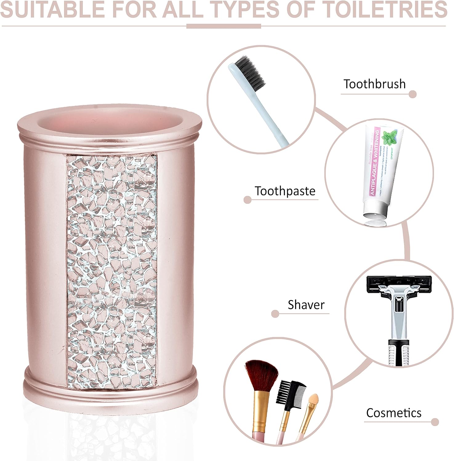 Zahari Home Sinatra Bath Tumbler Toothbrush and Toothpaste Holder Makeup Brushes Organizer, Blush