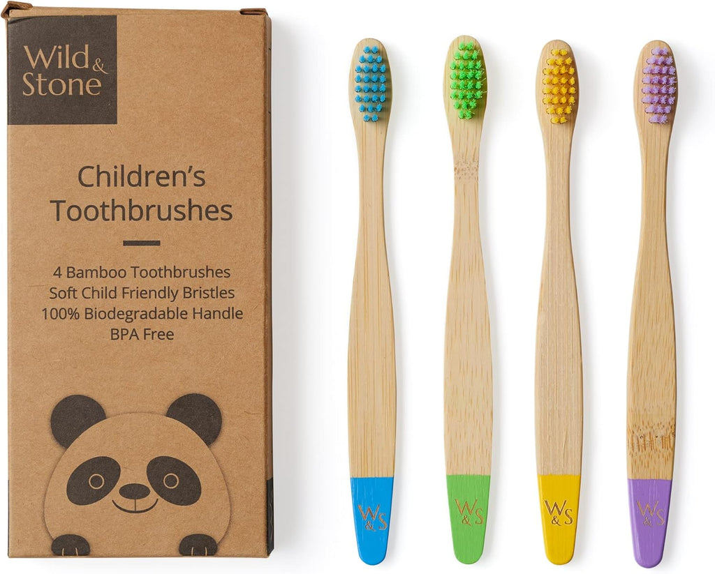 Wild & Stone Organic Children's Bamboo Toothbrush | Four Colors | Soft Fibre Bristles | 100% Biodegradable Handle | BPA Free | Vegan Eco Friendly Kids Toothbrushes