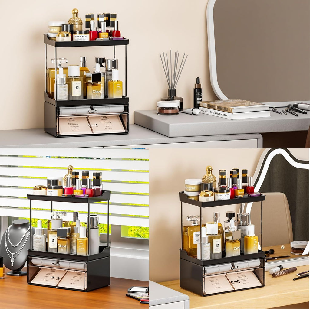 Yieach Acrylic Makeup Organizer Countertop,Large Skincare Organizer for Dresser Top,Plastic Bathroom Counter Organizers and Storage for Beauty,Cosmetic,Hair Products,Lotion and Perfume Organizer,Black