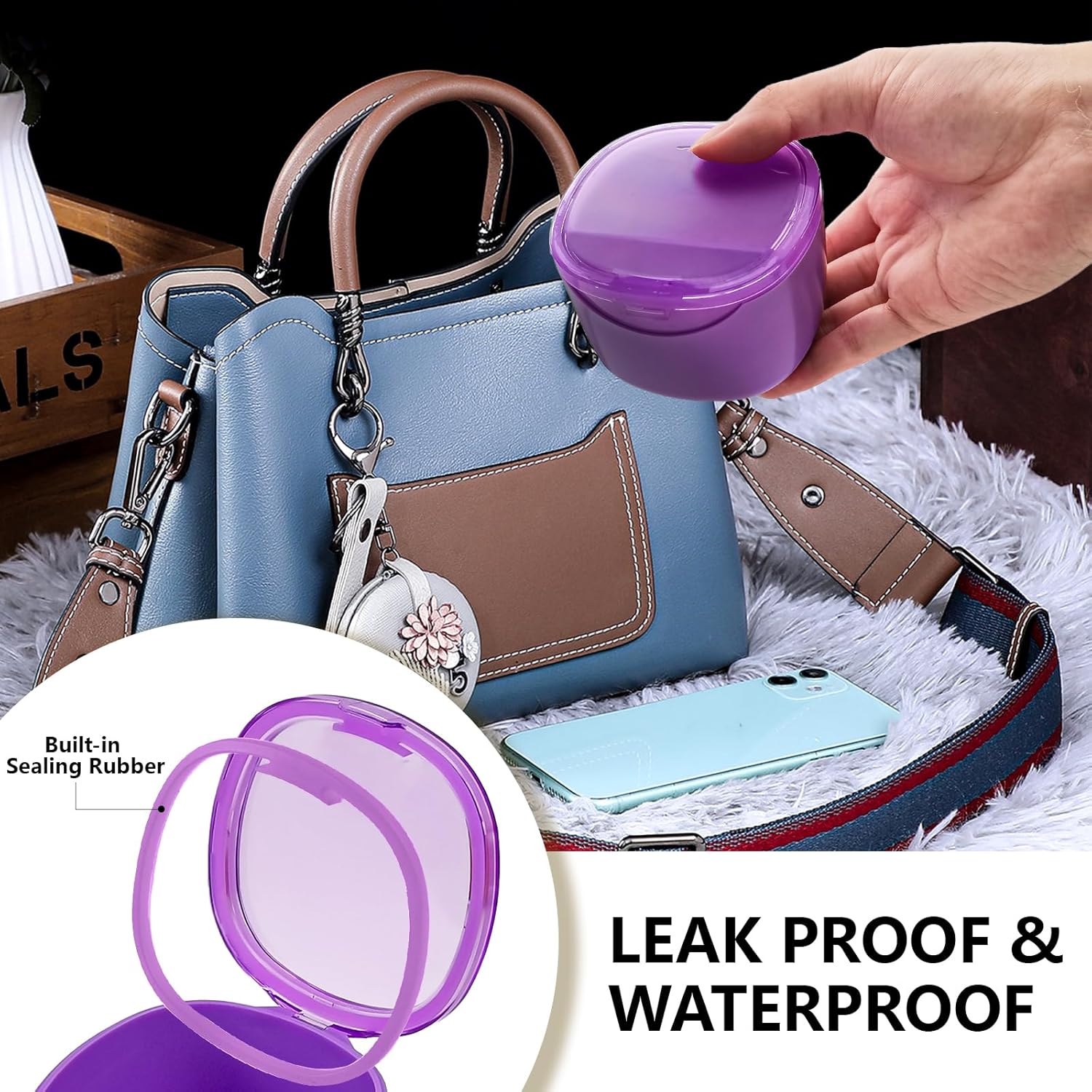 Purple Denture Cup Denture Bath Box Case with Lid Leakproof, Denture Holder Case Retainer Cleaning Container Mouth Guard Cleaner Case for Household, Travel, Office
