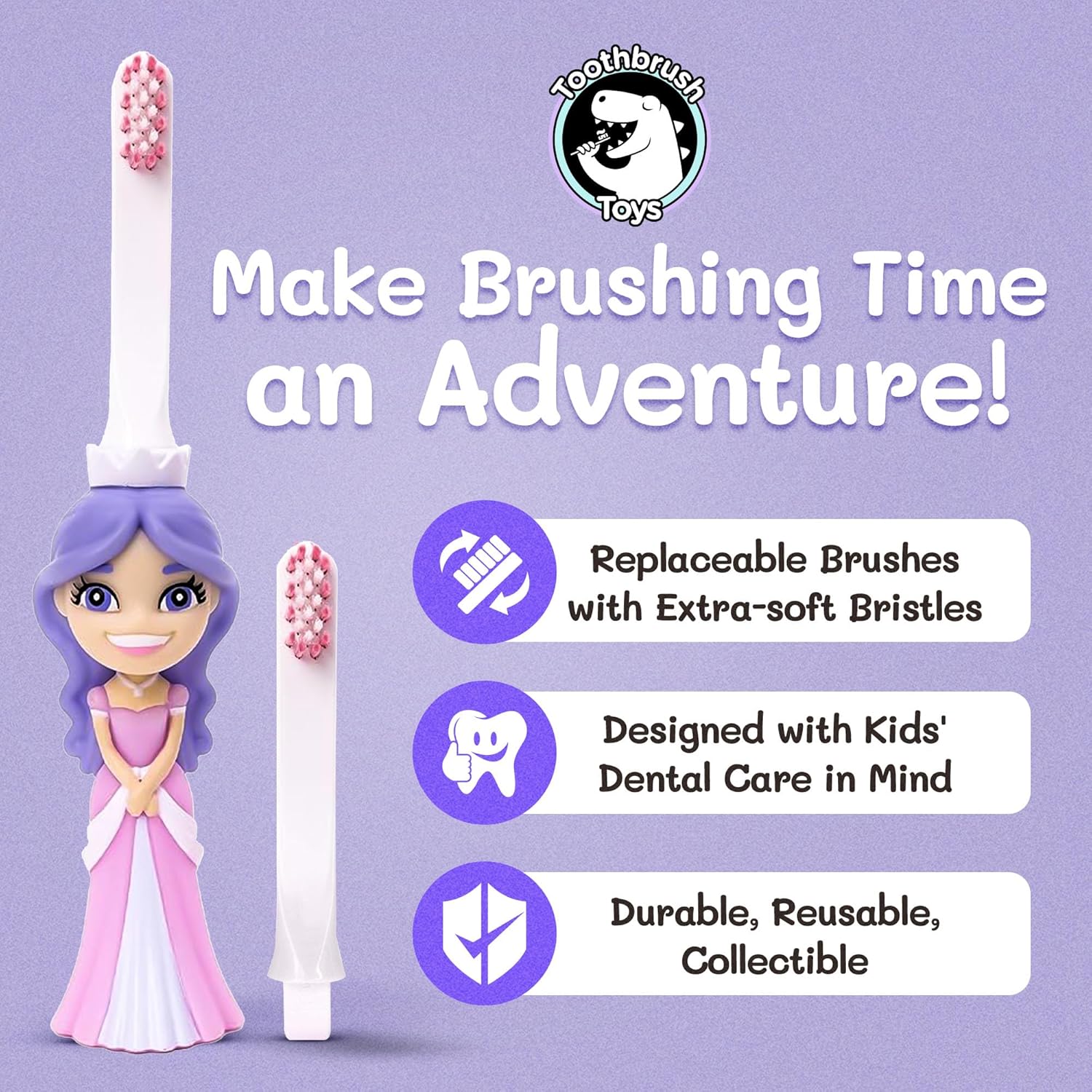 Kids Soft Bristle Princess Toothbrush for Ages 2+, Gentle and Cute Toothbrush for Children with Replaceable Brush Head, Ergonomic Handle Kids Brush for Teeth Care Ideal for Toddlers, Princess Design