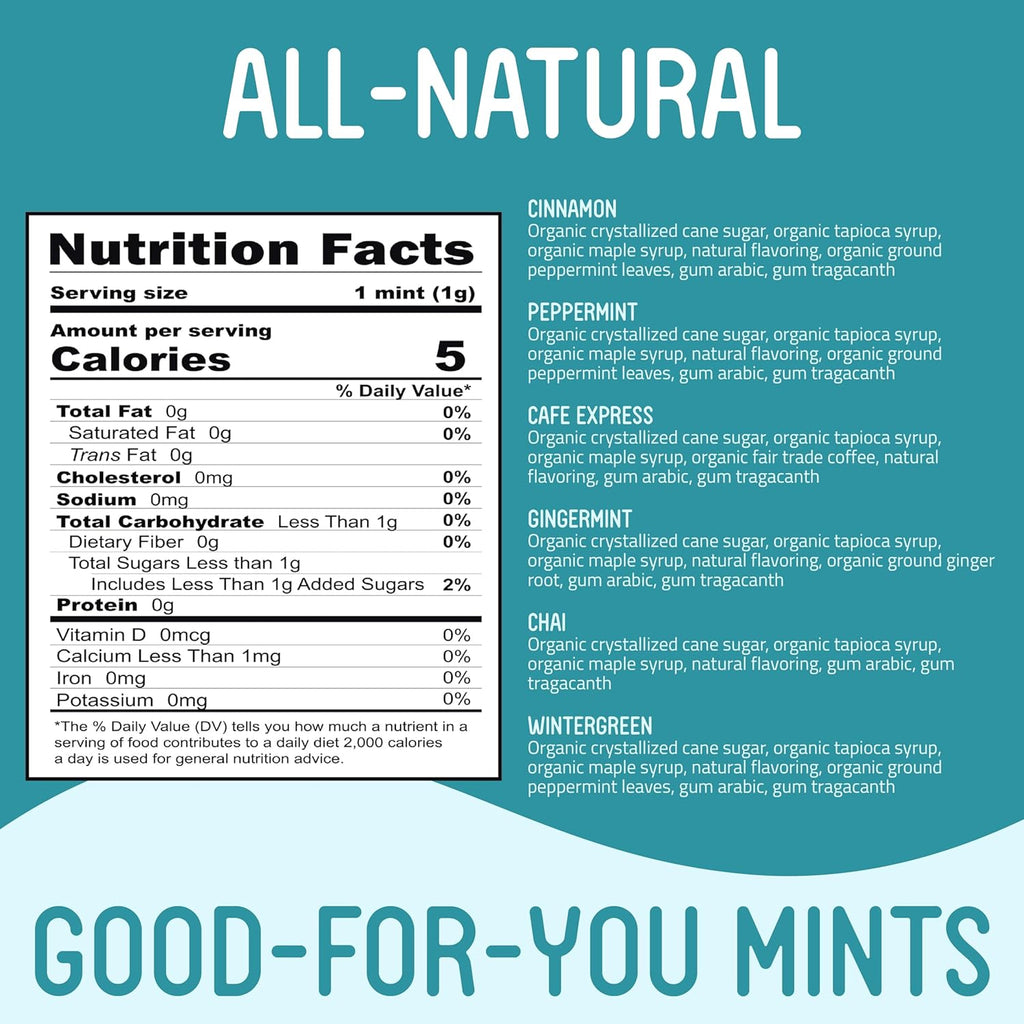 VerMints Organic Breath Mints – Peppermint, Ginger, Wintergreen, Cinnamon, Chai & Cafe Express Flavored Mints - Non-GMO, Gluten-Free, Vegan & Kosher Healthy Refresh - 1.41oz – 6 Variety Travel Tins