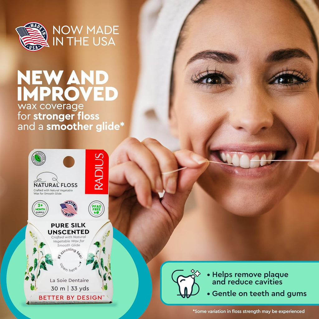 RADIUS Dental Floss, Natural Floss, Unscented Silk, 33 Yards, Compostable & Non-Toxic Oral Care Designed to Help Fight Plaque, Pack of 3