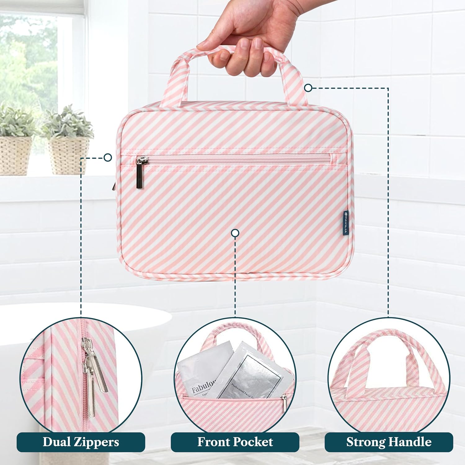 PAVILIA Hanging Toiletry Bag Travel Bag Women Men, Foldable Cosmetic Organizer, Roll up Makeup Bag, Water Resistant Accessories Toiletries, Large Travel Essentials Kit (Pink Stripe)