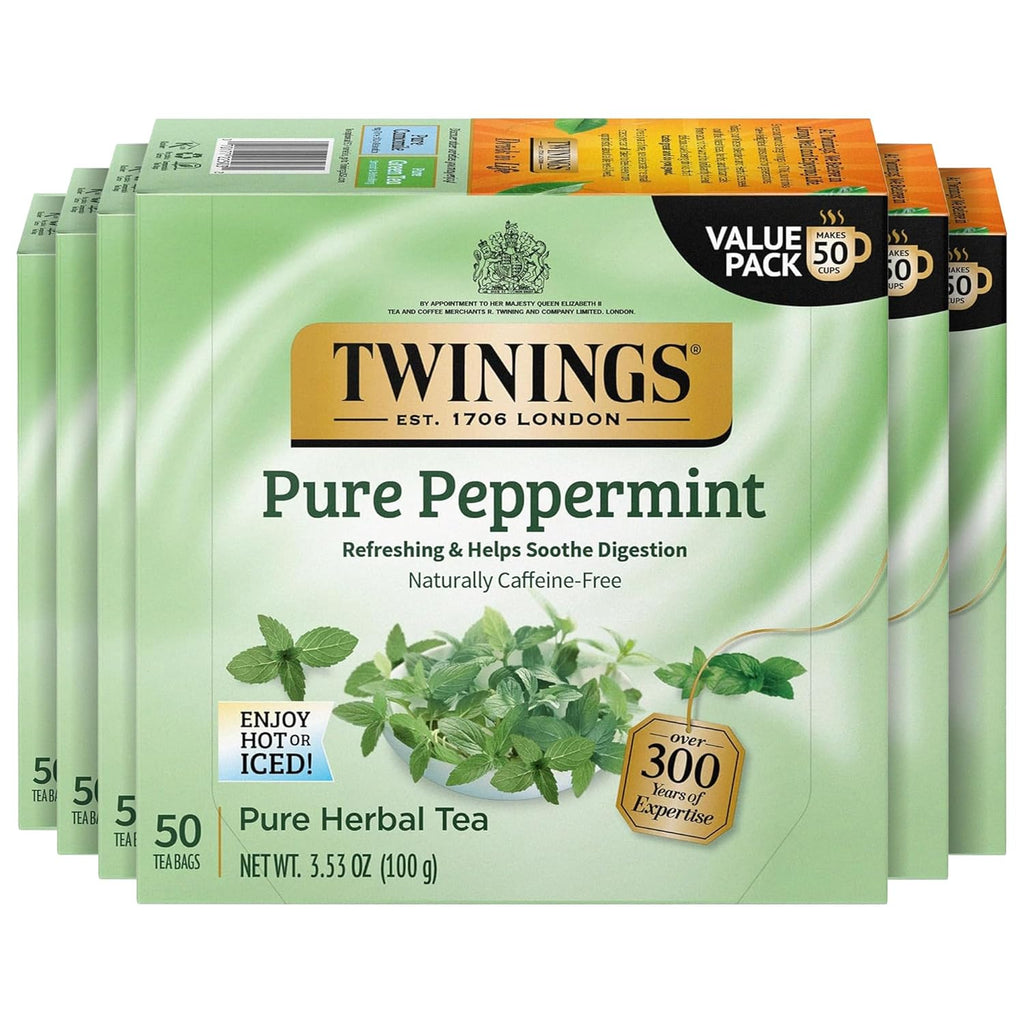Twinings Pure Peppermint Herbal Tea Individually Wrapped Bags, 50 Count (Pack of 6), Fresh Minty Flavour, Naturally Caffeine-Free, Enjoy Hot or Iced, 300 Teabags