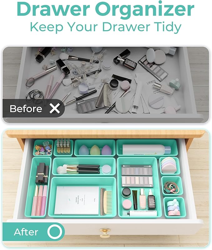 25 PCS Plastic Drawer Organizers Set, 4-Sizes Vanity and Makeup Organizer, Desk and bathroom Drawer Organizer Trays, Organizers and Storage for Makeup, Jewelry, Gadgets, Utensils (Blue)