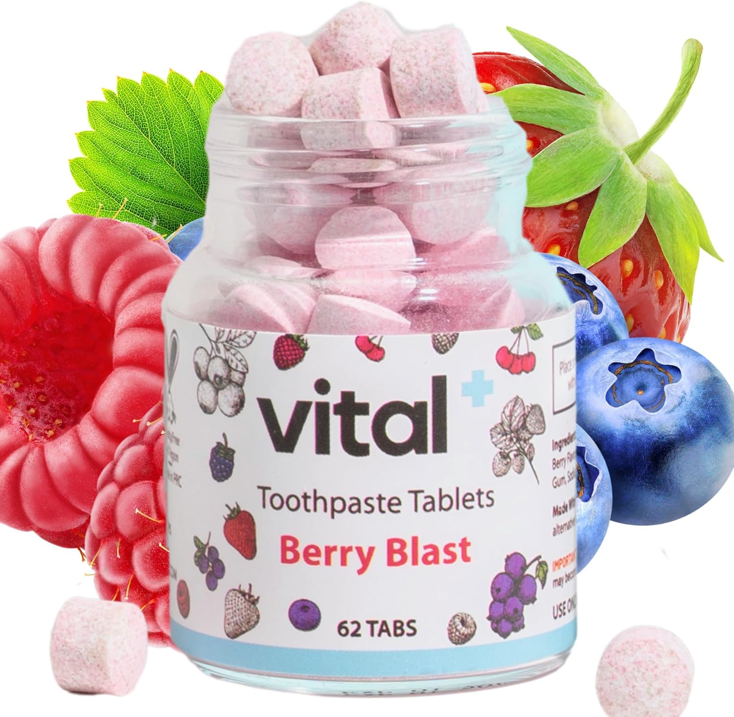 Vital Toothpaste Tabs with Nano-Hydroxyapatite | Berry Blast | Remineralizes Teeth | Kids Love It! | Fluoride Free | Plastic Free & Eco Friendly | Travel & TSA Approved | 62 Tablets (1 Month)
