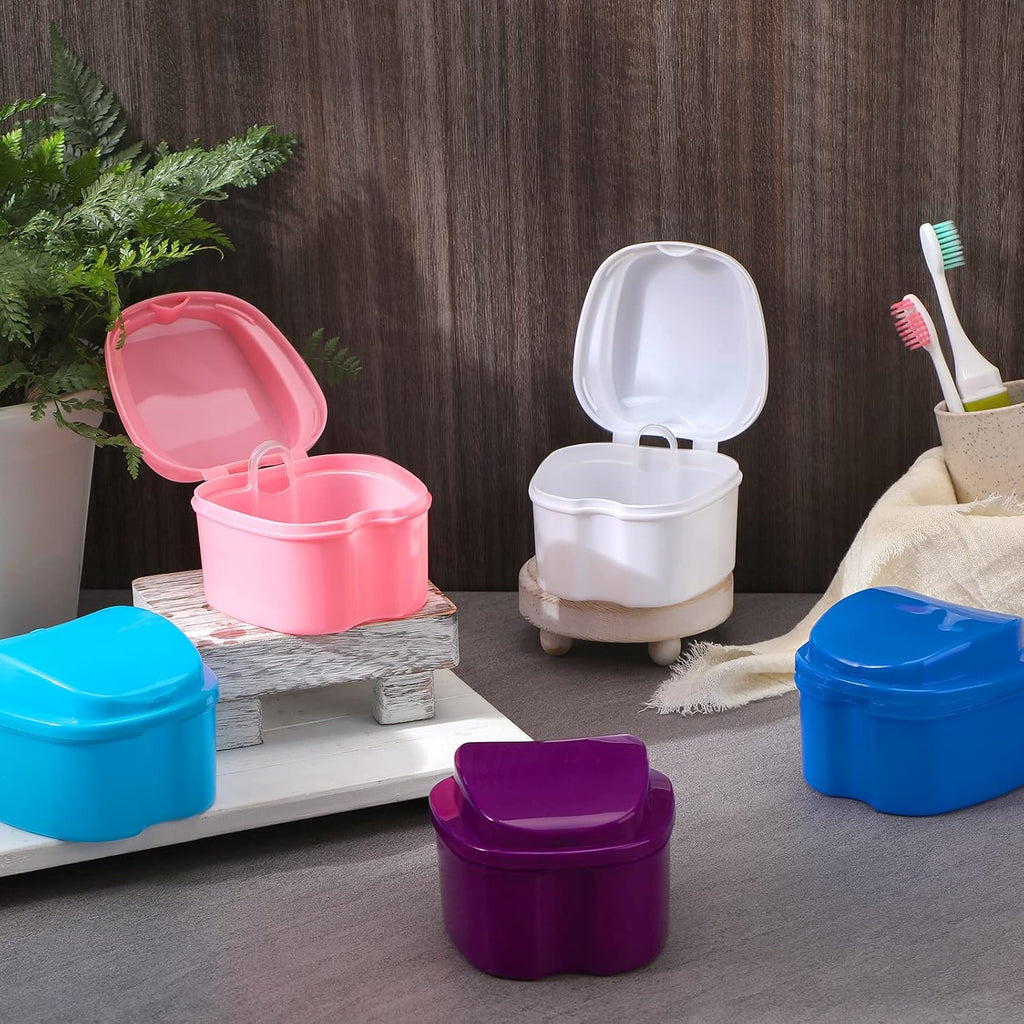 Zubebe 20 Pcs Denture Bath Retainer Case Holder Bulk with Strainer Basket Dental Cup Denture Soaking Container False Teeth Storage Box for Travel Cleaning Brace Mouth Guard, 5 Colors