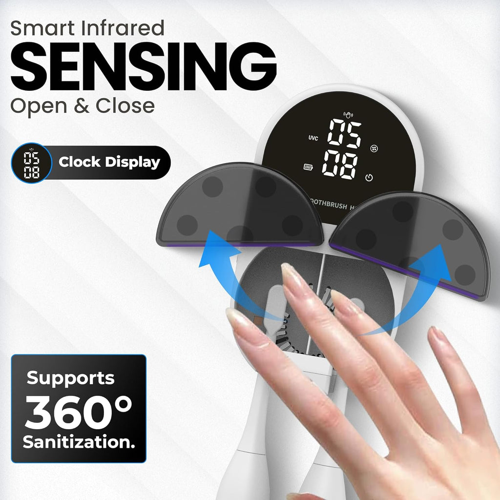 UV Toothbrush Sanitizer Holder & Cleaner with Led Clock Display, Hands-Free Wave Sensing & Dual Toothbrush Storage - Wall Mounted UV Tooth Brush Sanitizer Holder for Bathroom Decor, Fits All Brushes