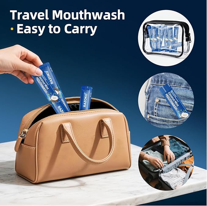 RAZOKO Mouthwash Travel Size-Portable Fresh Mint Packets,Alcohol & Fluoride Free Mouthwash,Disposable Oral Care Strips (0.41 Fl Oz (Pack of 20), Coconut)