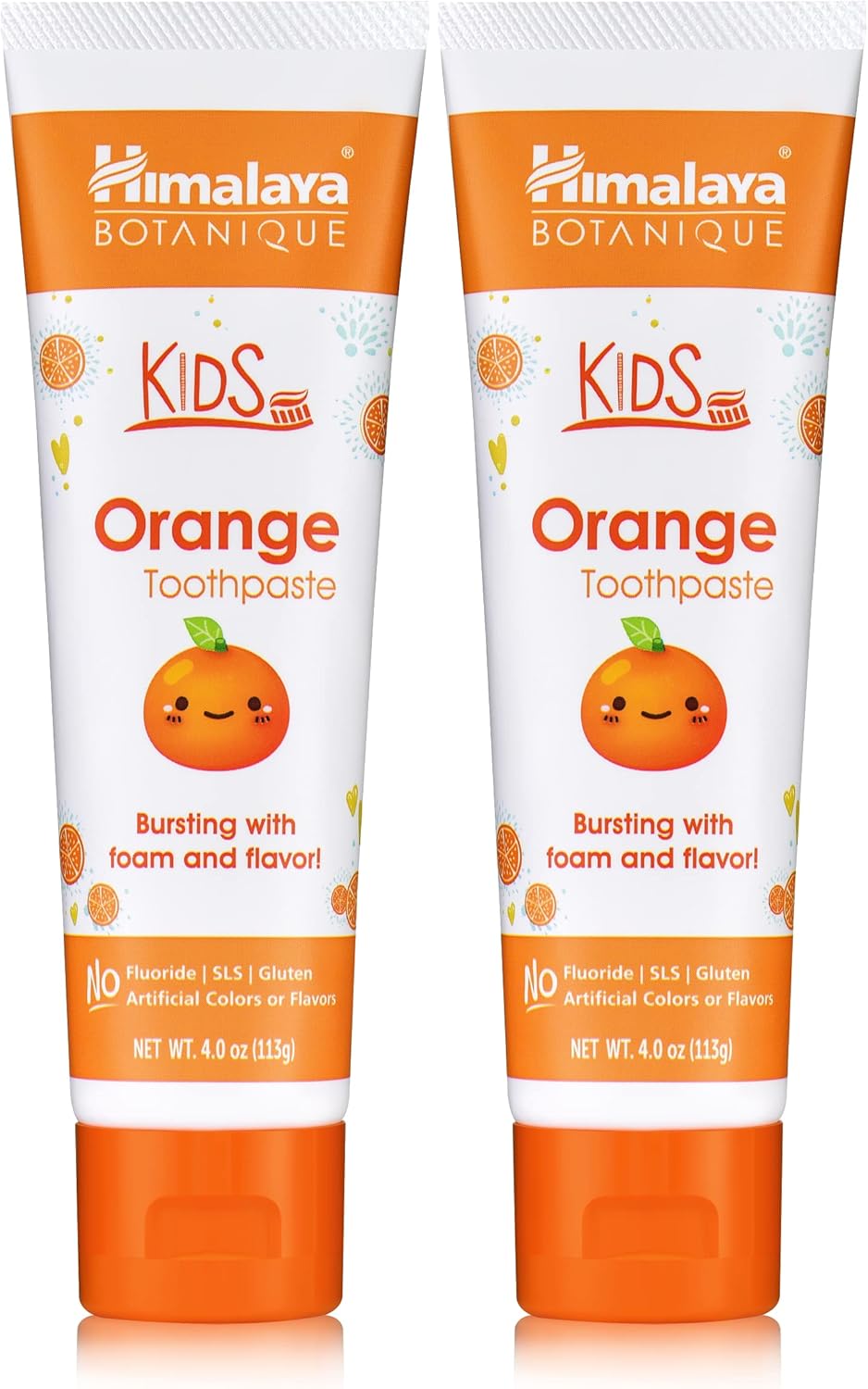 Himalaya Botanique Kids Toothpaste, Herbal, Orange Flavor, Fights Plaque, Fluoride Free, Gentle, No Artificial Flavors or Colors, SLS Free, Gluten Free, Cruelty Free, Vegan, Foaming, 4 Oz, 2 Pack…