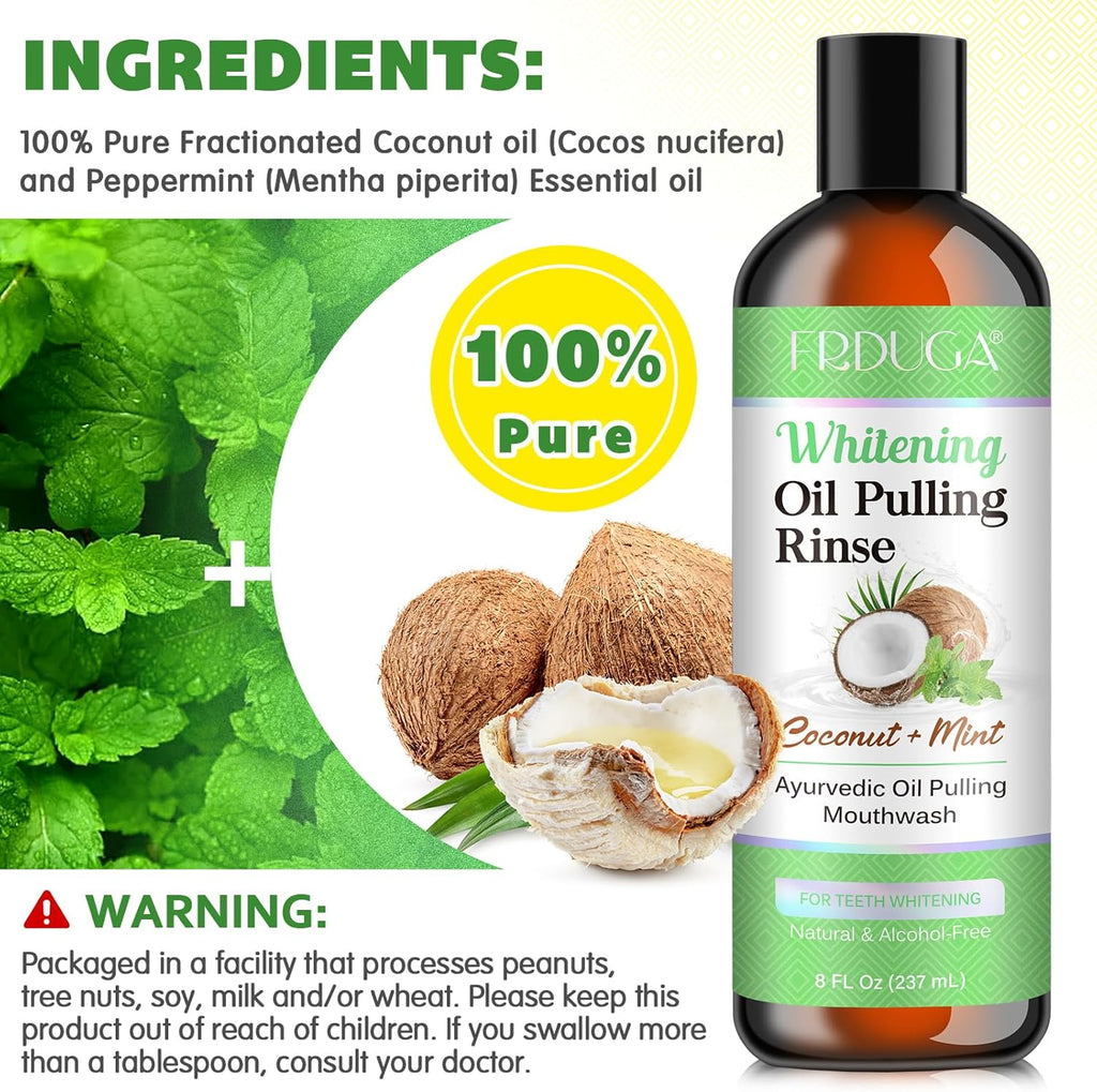 Pulling Oil for Teeth with Natural Coconut&Peppermint Essential Oils and Vitamin D, E, Alcohol Free Mouthwash，Helps with Fresh Breath, Teeth Whitening, Gum Health- with Tongue Scraper, (8 Fl. Oz) (1)