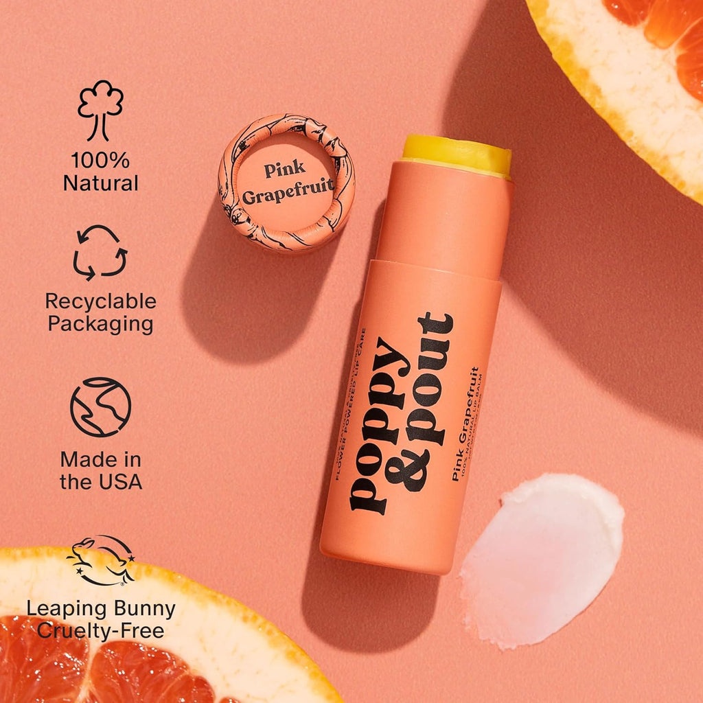 Poppy & Pout Lip Care Set | Lip Balm & Scrub | Sustainable Cardboard Tubes & Glass Jars, All Natural, Beeswax, Coconut Oil, Cruelty Free, Exfoliating & Moisturizing Lip Treatment (Pink Grapefruit)