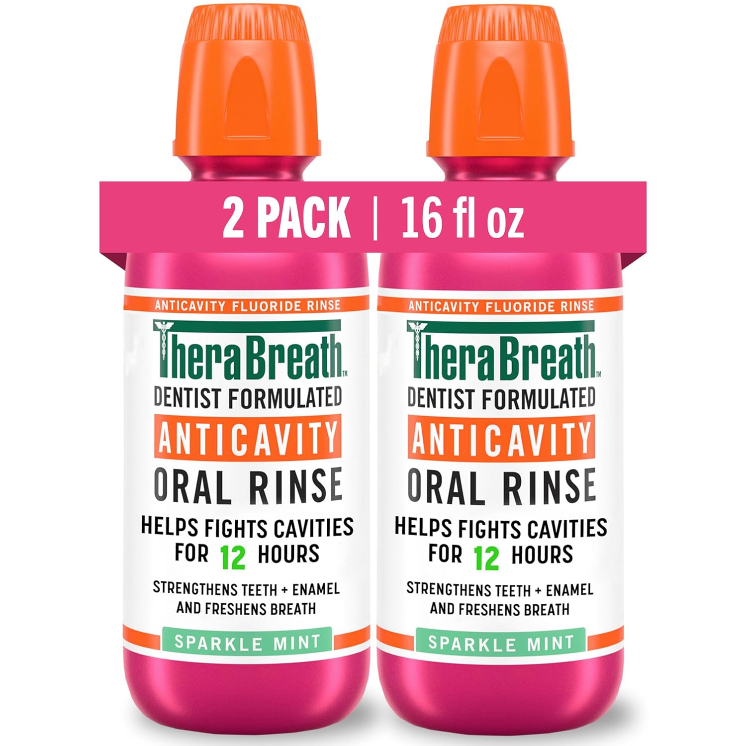 TheraBreath Anticavity Fluoride Mouthwash, Sparkle Mint, Dentist Formulated, 16 Fl Oz (2-Pack).