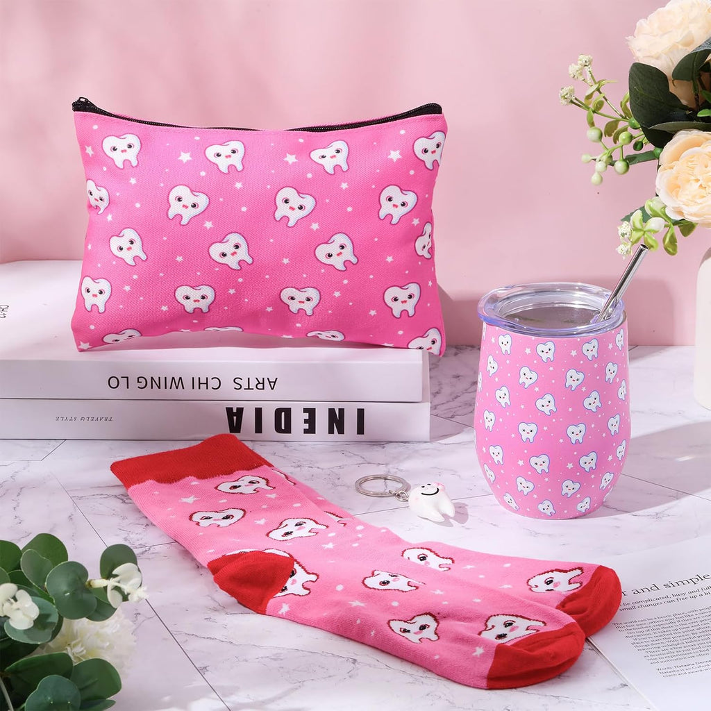 Sliner 4 Pcs Dental Assistant Gifts Set 12 oz Pink Teeth Stainless Steel Tumbler Cosmetic Bag Tooth Shape Keychain Novelty Tooth Sock Dental Hygienist Gifts for Nurse Dentist Christmas Graduation