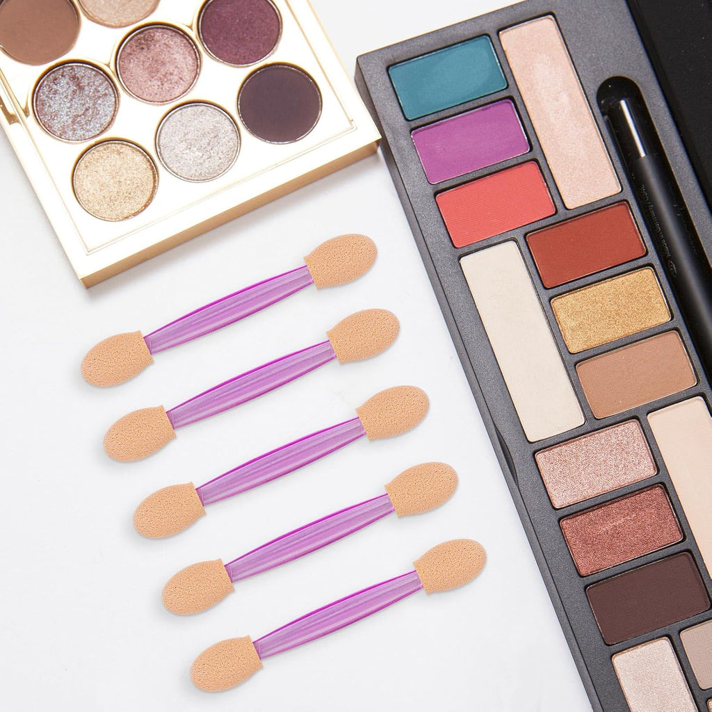 150 Eye Shadow Applicator Disposable Foam Makeup Brush Sponge Tipped Oval Eyeshadow Applicators Dual Sides with Container, Purple