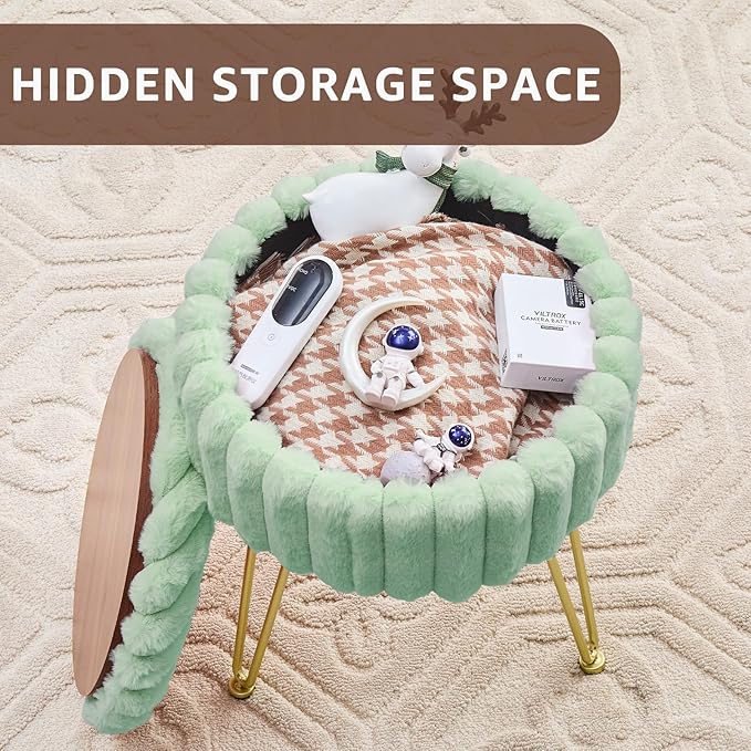 Wimarsbon Vanity Stool with Storage, Faux Fur Ottoman Chair with Metal Legs, Round Makeup Vanity Chair for Bedroom or Dressing Table, Modern Small Ottoman Seat (Green)