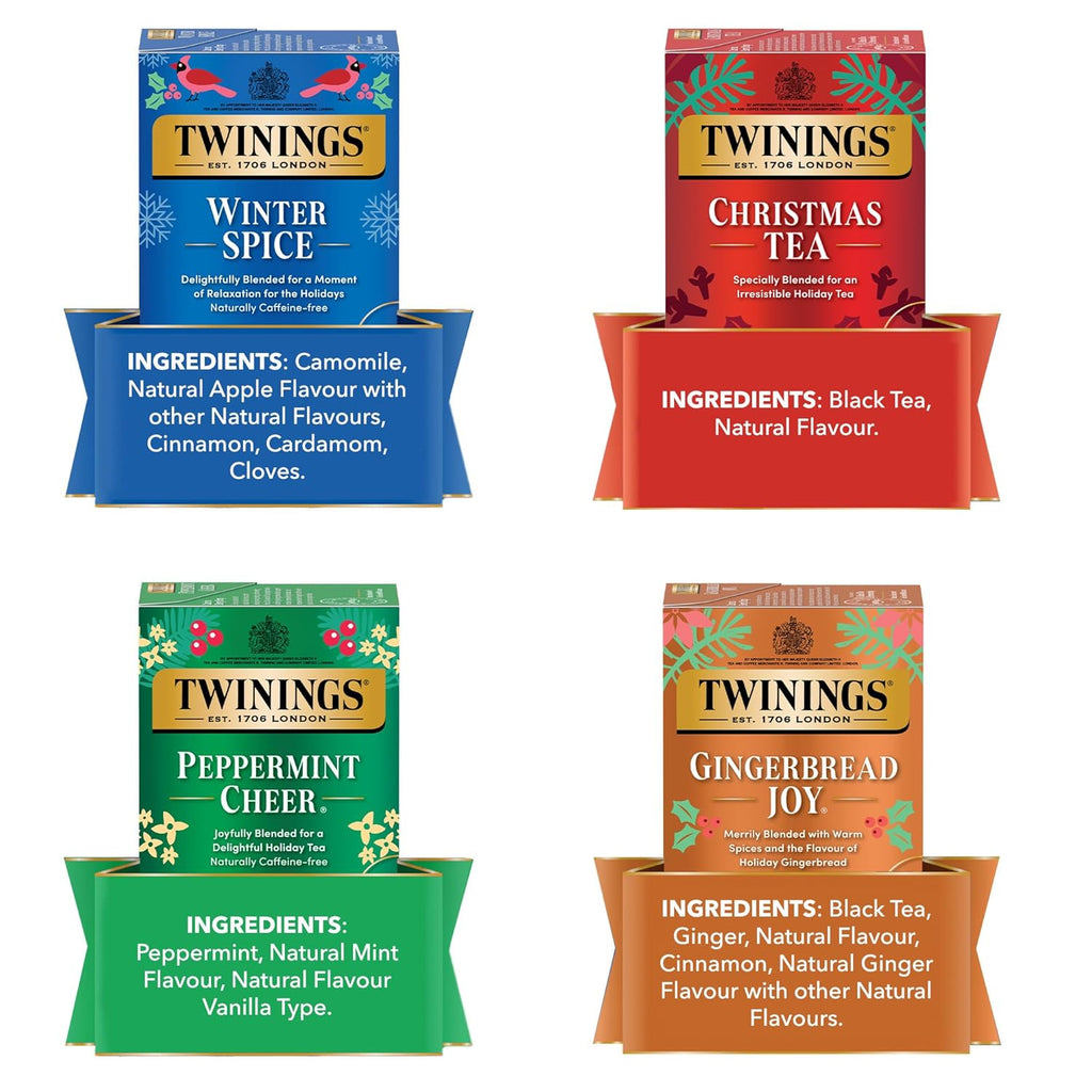 Twinings Holiday Variety Pack Tea Bags, Christmas Tea, Winter Spice, Gingerbread Joy, Peppermint Cheer, 20 Count (Pack of 4), Enjoy Hot or Iced, 80 Teabags